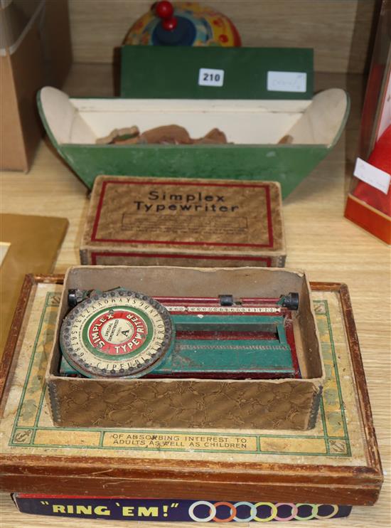 A Simplex typewriter, tinplate top, Noahs ark, armchair blocks and Ringem